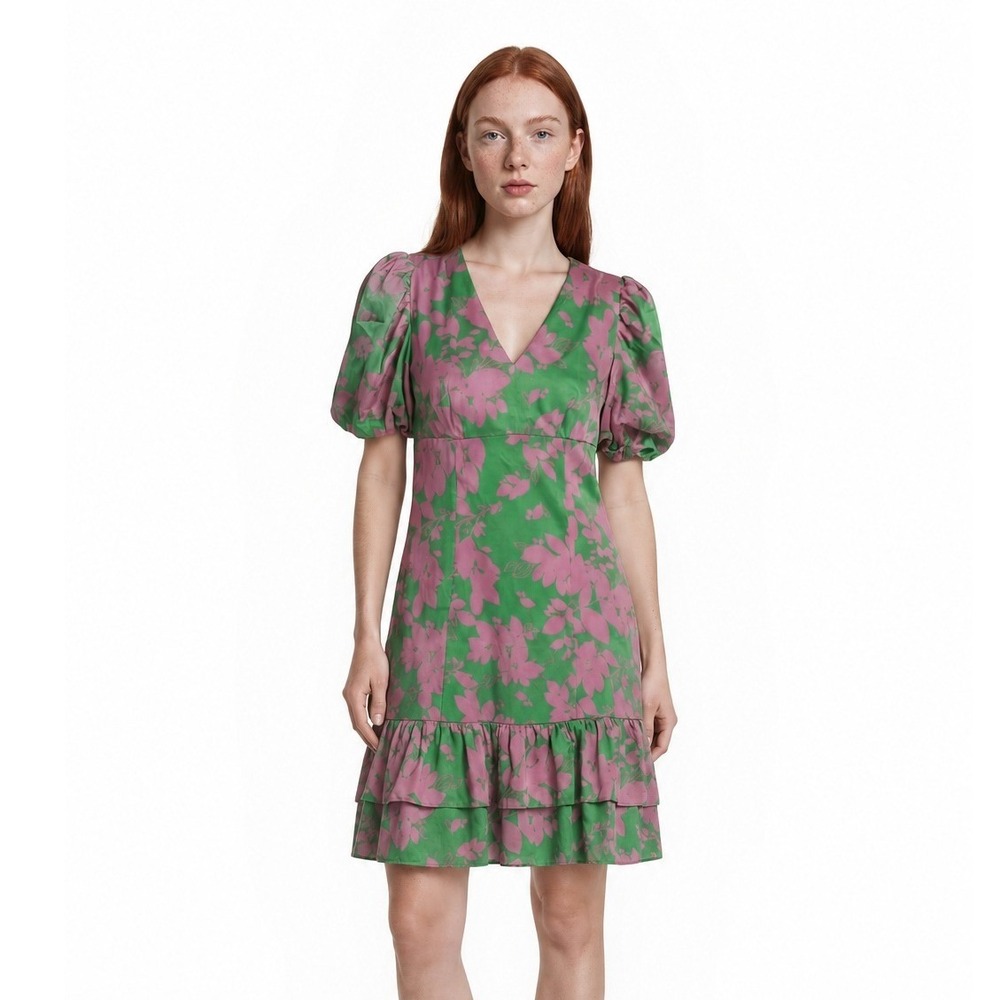 New‎ TCEC Floral Mini Dress Women's Size Medium Green Pink Puff Sleeve Ruffle